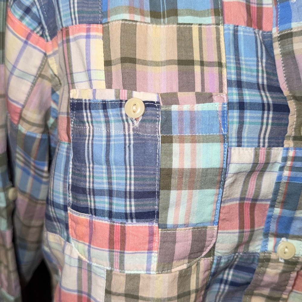LL Bean Madras Plaid Patchwork Button Down Sz. La… - image 3